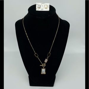 Stainless Steel Gold Rectangular Necklace and Earring Set with Mother of Pearl
